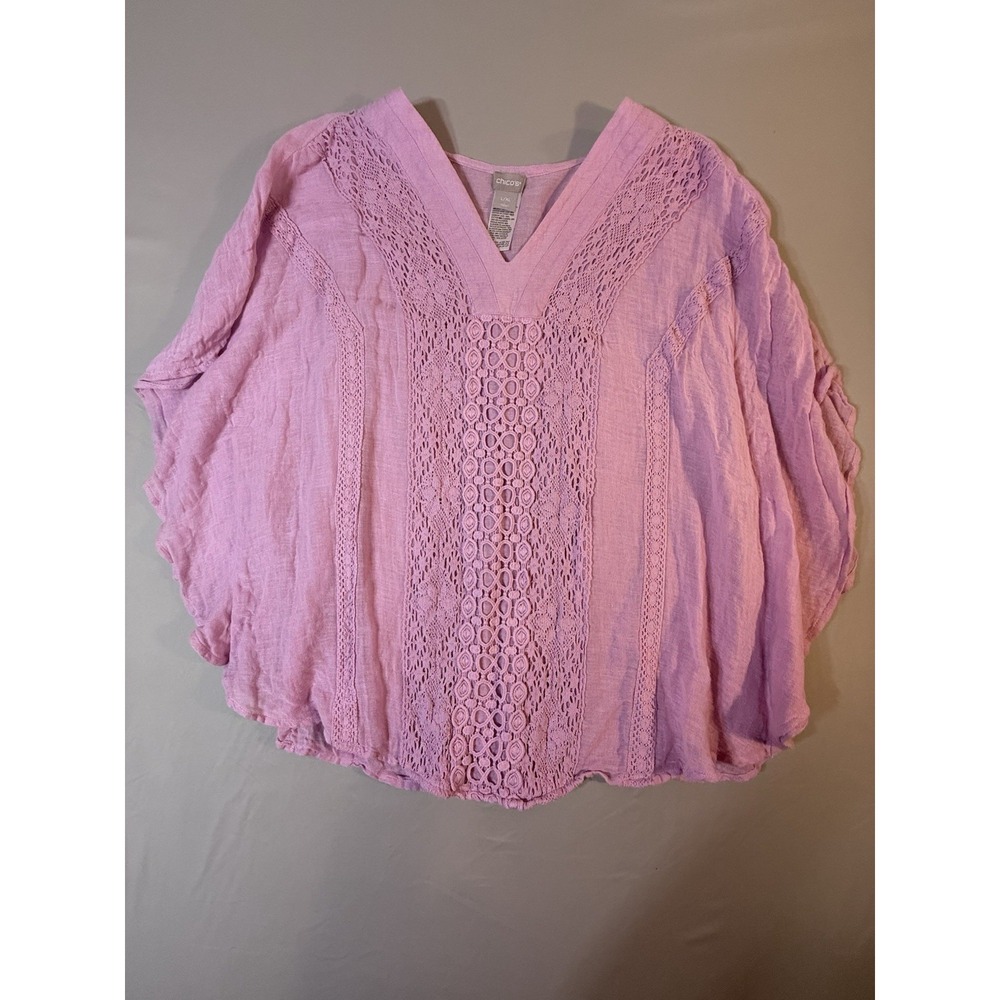 Chico's Tunic Top L/XL Pink Linen Crochet Lace Boho Resort Lagenlook Euro Summer